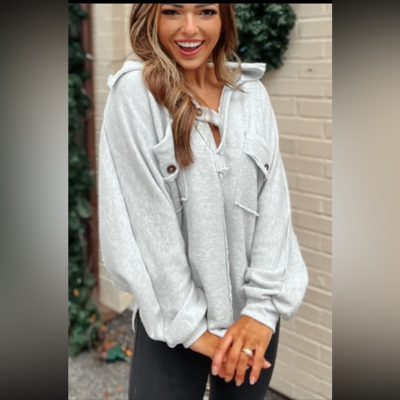 Gray Button Neckline Jersey Exposed Seam Double Chest Pocket Sweat - Picture 5 of 5